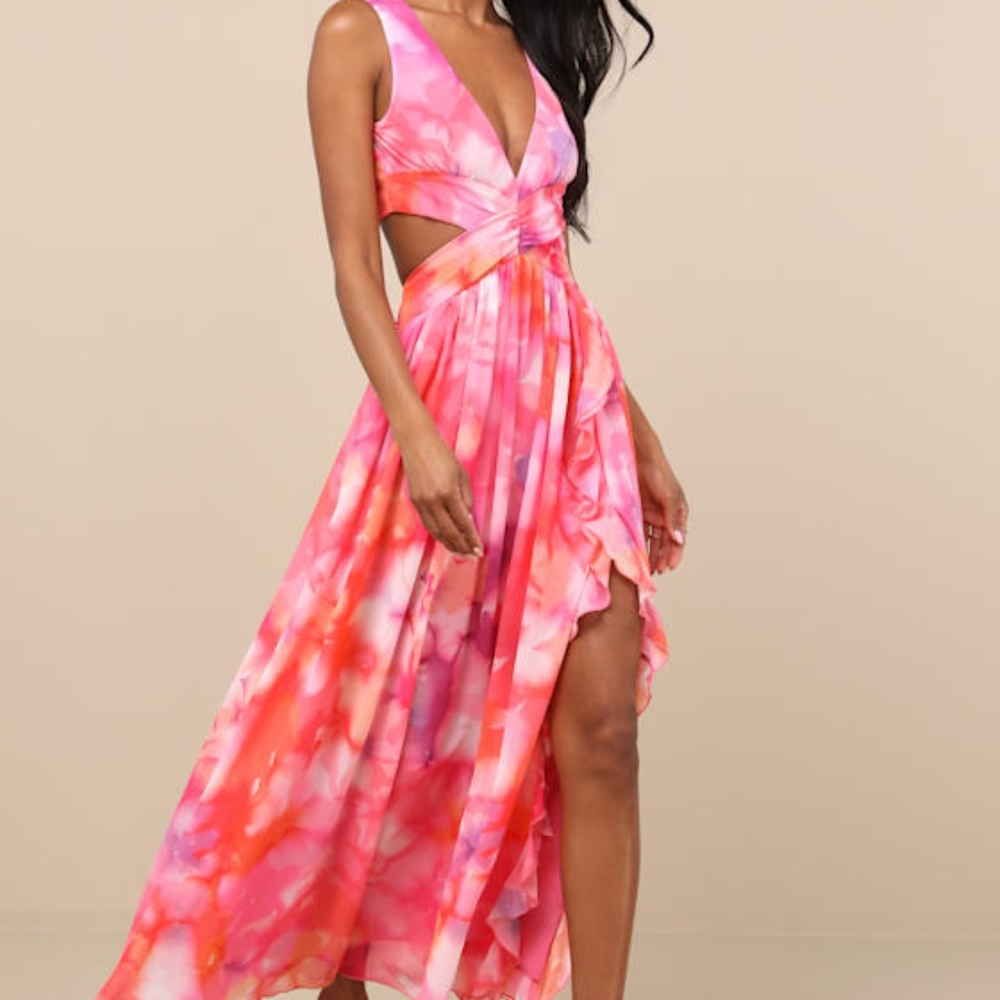 Lulus Elisanna Pink Multi Floral Lace-up Midi Dress - Size M